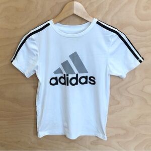 Adidas Logo Short Sleeve Tee White Gray Navy Stripes Youth Small.